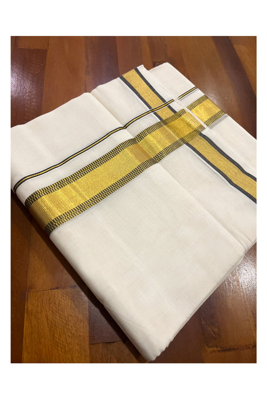 Southloom Premium Handloom Cotton Double Mundu with Golden and Black Kasavu Design Border (South Indian Kerala Dhoti)