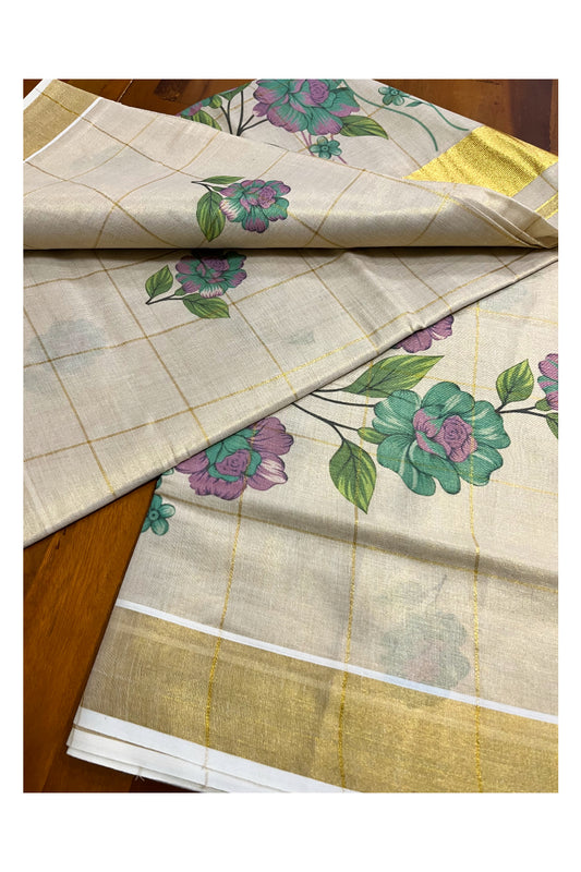 Kerala Tissue Kasavu Check Design Saree with Violet And Green Floral Prints on Body (Vishu 2024 Collection)