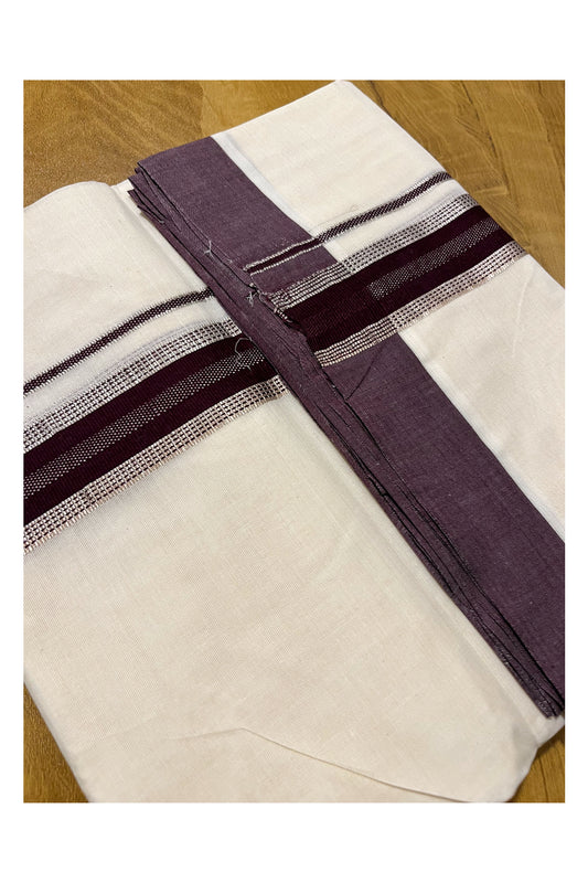 Pure Cotton Off White Double Mundu with Silver Kasavu and Violet Border (South Indian Kerala Dhoti)