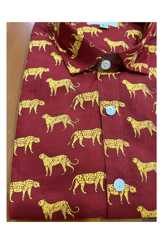 Southloom Jaipur Cotton Hand Block Tiger Design Printed Red Shirt (Half Sleeves)