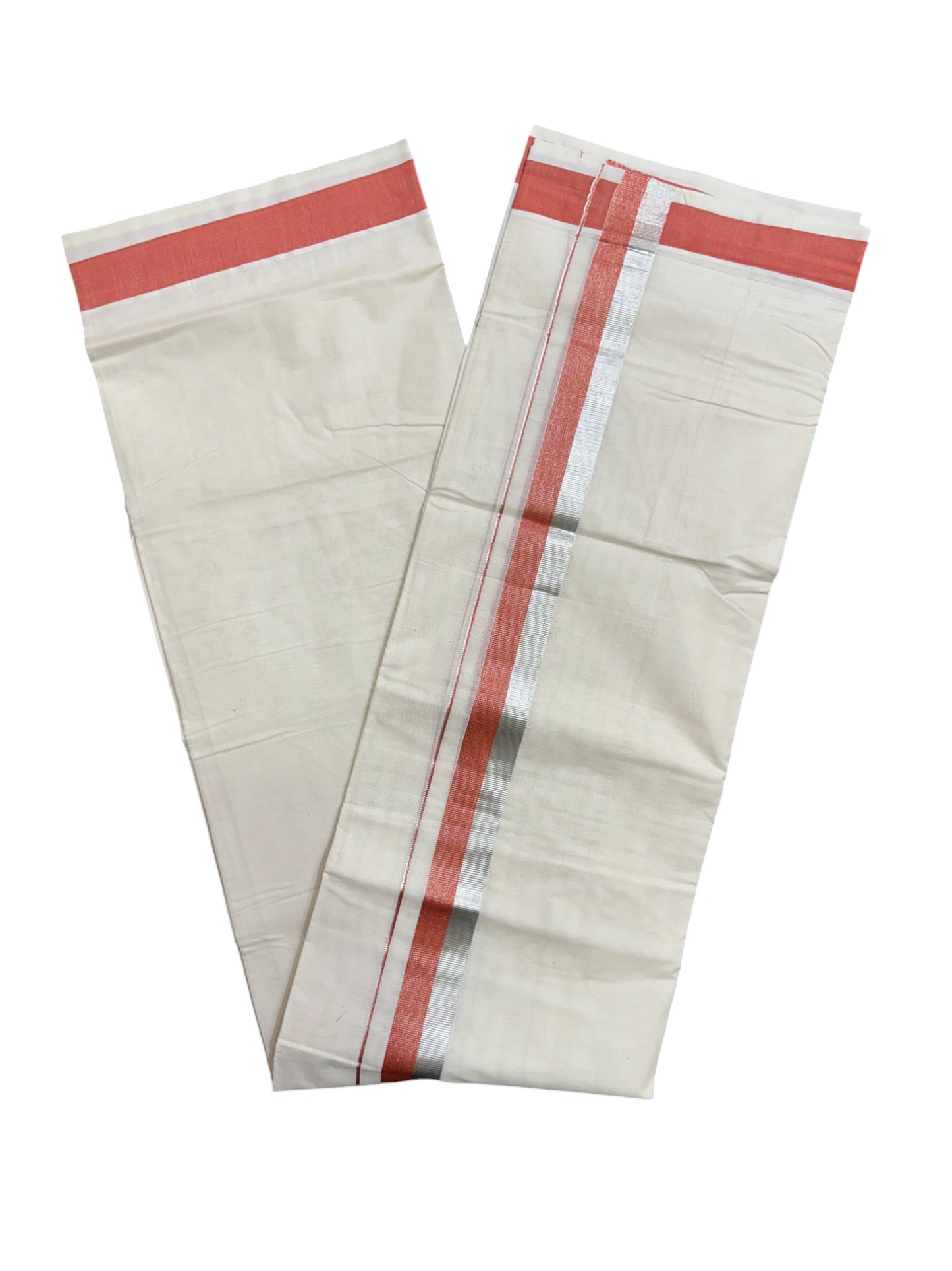 Kerala Pure Cotton Off White Double Mundu with Silver Kasavu And Orange Kara (South Indian Kerala Dhoti)