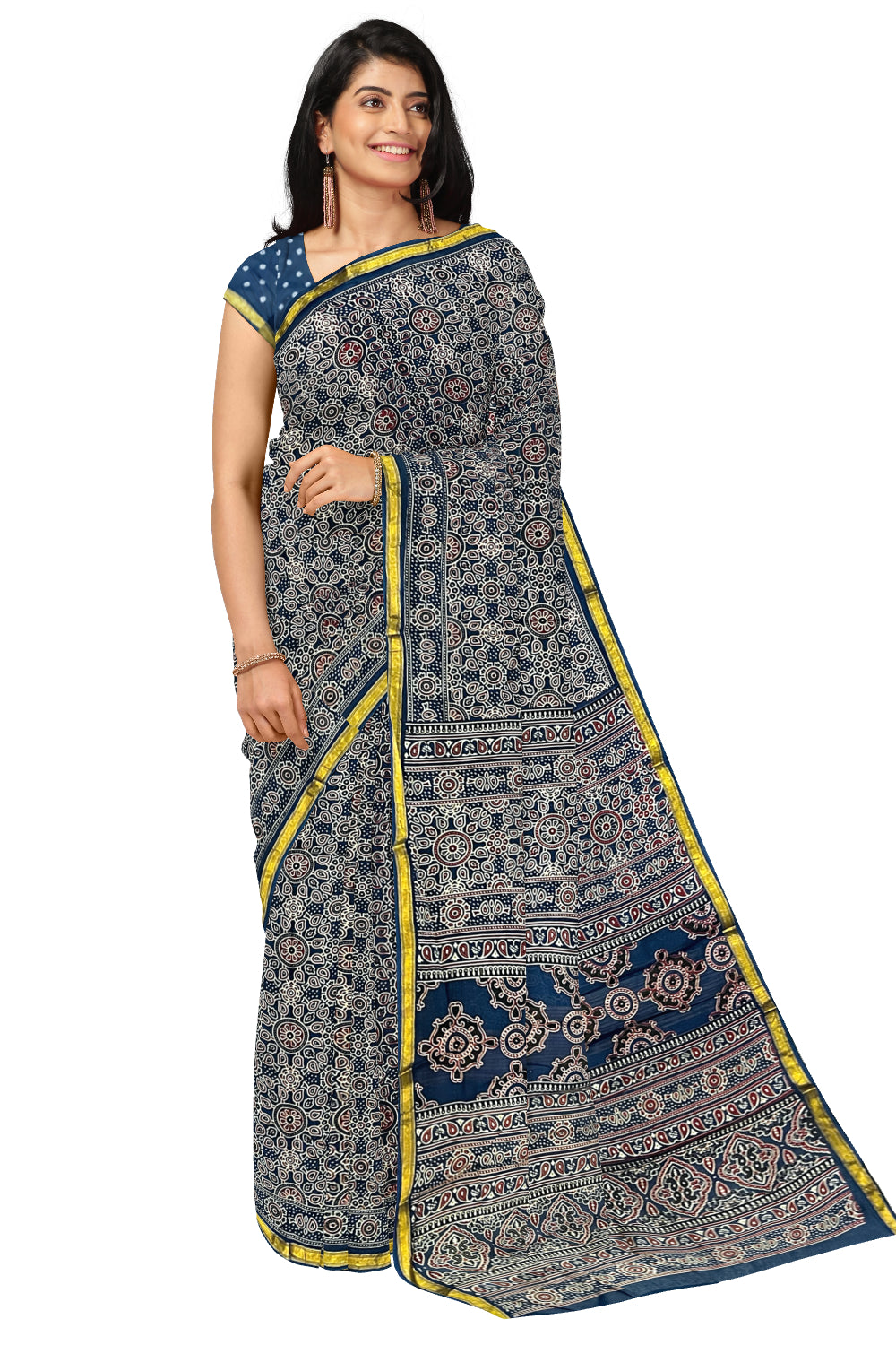 Southloom Cotton Maroon Blue Designer Printed Saree with Blouse Piece