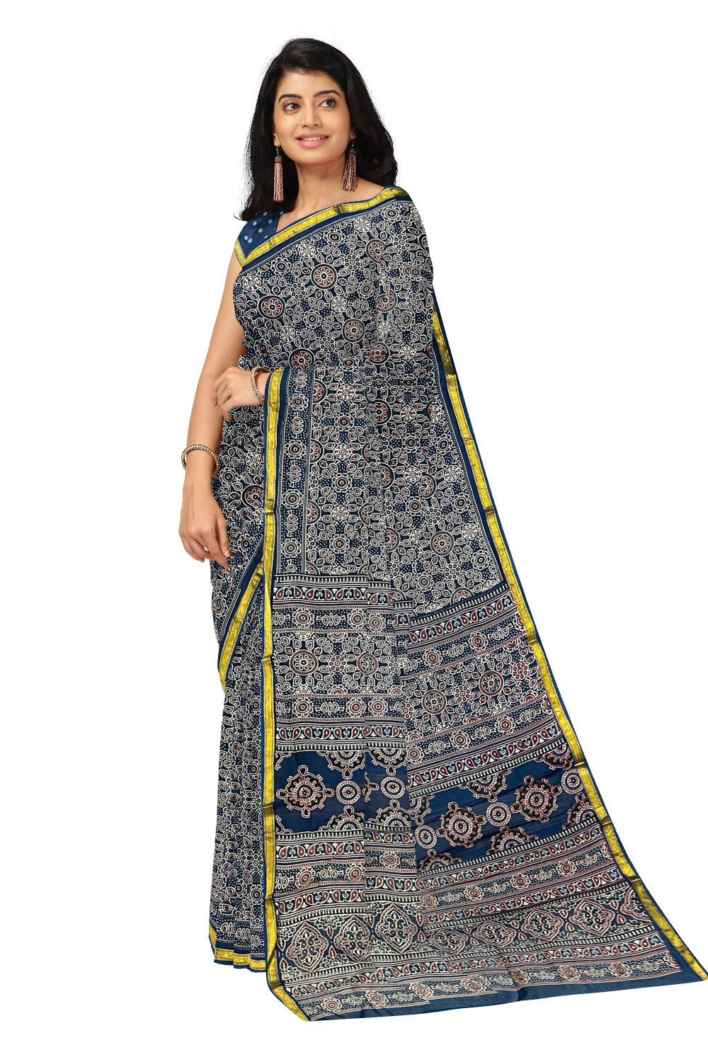 Southloom Cotton Maroon Blue Designer Printed Saree with Blouse Piece