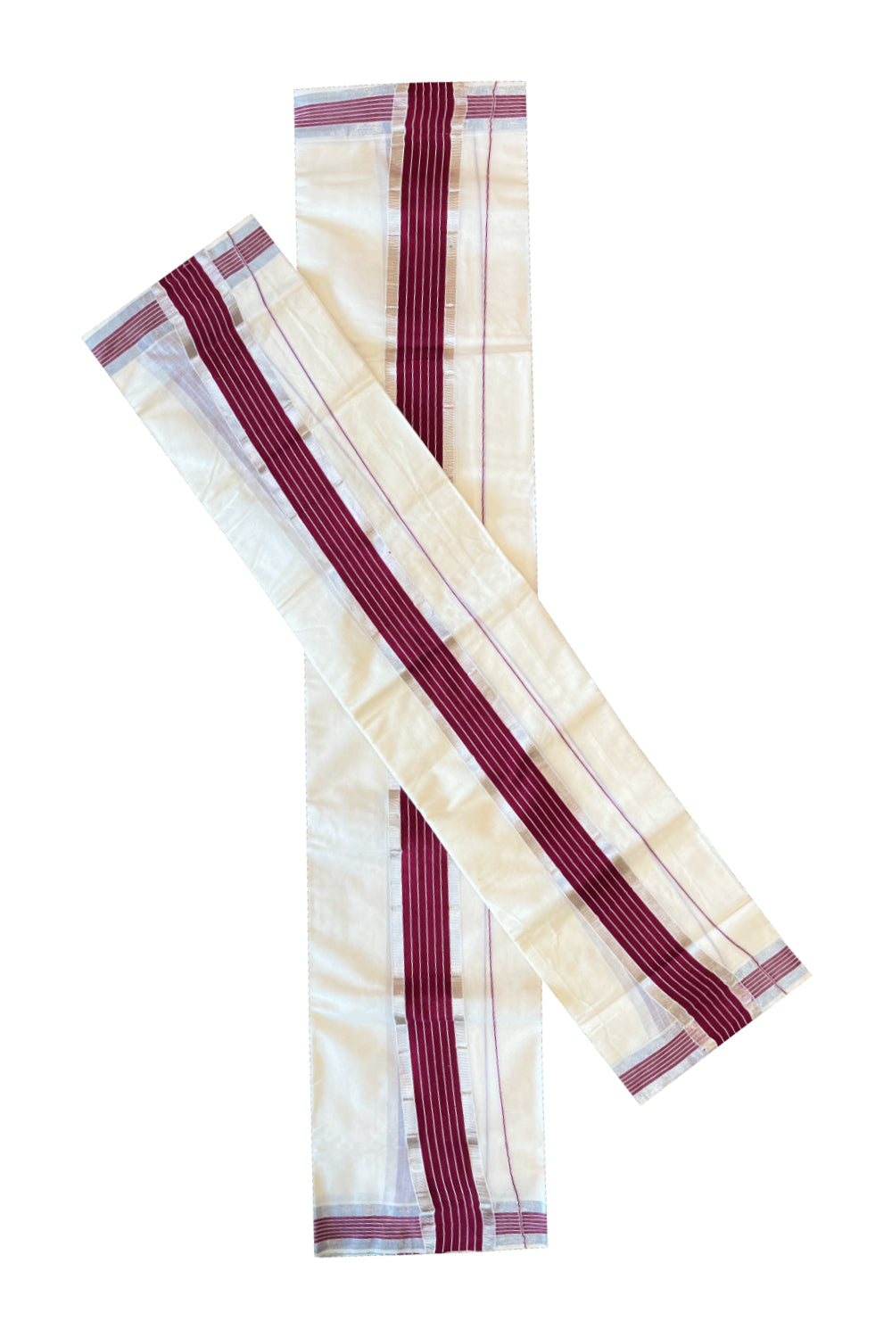 Cotton Mundum Neriyathum Double (Set Mundu) with Maroon and Silver Kasavu Border