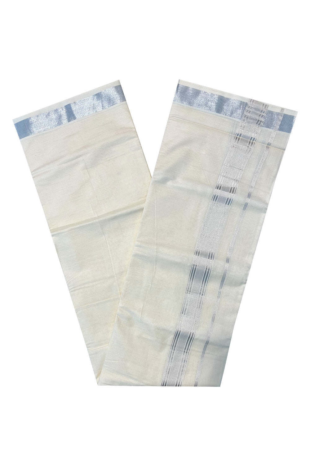 Pure Cotton Off White Kerala Double Mundu with Silver Kasavu Border (South Indian Dhoti)