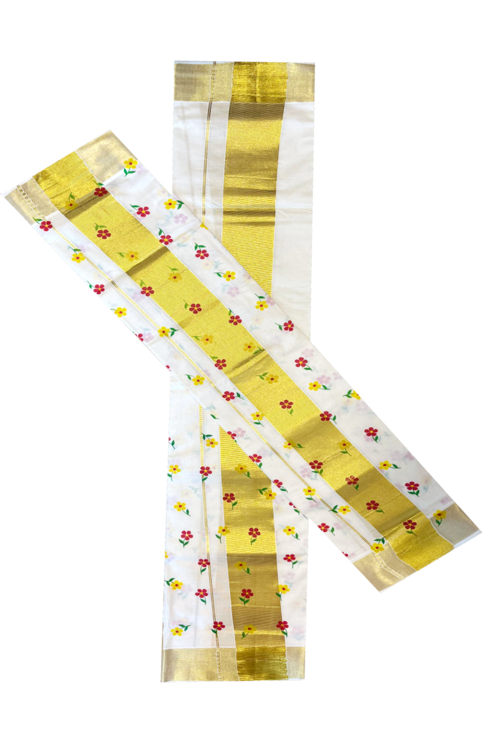 Kerala Cotton Single Set Mundu (Mundum Neriyathum) with Yellow And Red Floral Block Printed Design 2.80Mtrs