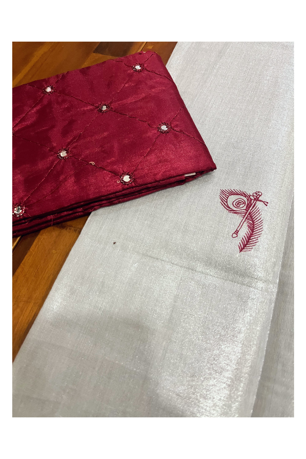 Kerala Silver Tissue Block Printed Pavada and Maroon Blouse Material for Kids 3 Meters