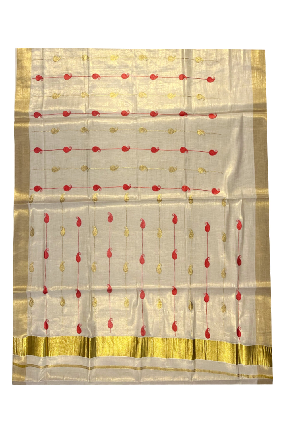 Kerala Tissue Kasavu Saree With Red and Golden Paisley Embroidery Works