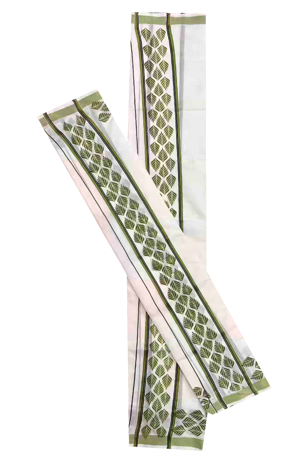 Kerala Cotton Single Set Mundu (Mundum Neriyathum) with Leaf Block Prints on Light Green and Black Border