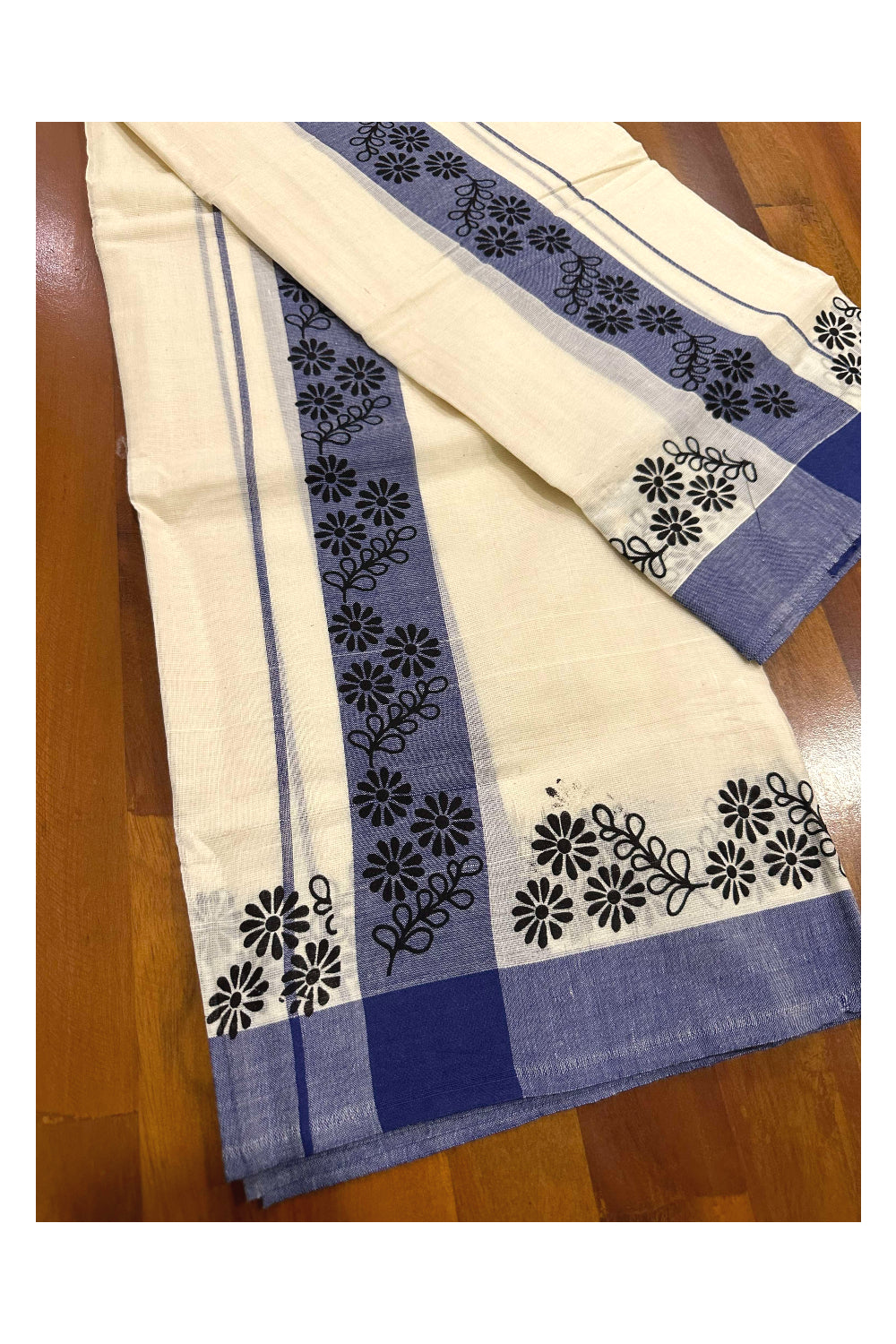 Kerala Cotton Single Set Mundu (Mundum Neriyathum) with Block Prints on Blue Border (Onam set Mundu 2023)