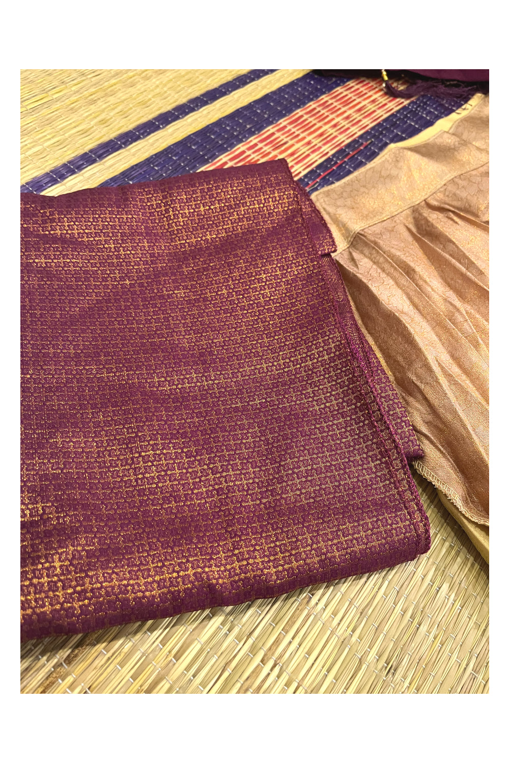 Semi Stitched Premium Semi SIlk Copper Dhavani Set with Dark Maroon Neriyathu and Blouse Piece