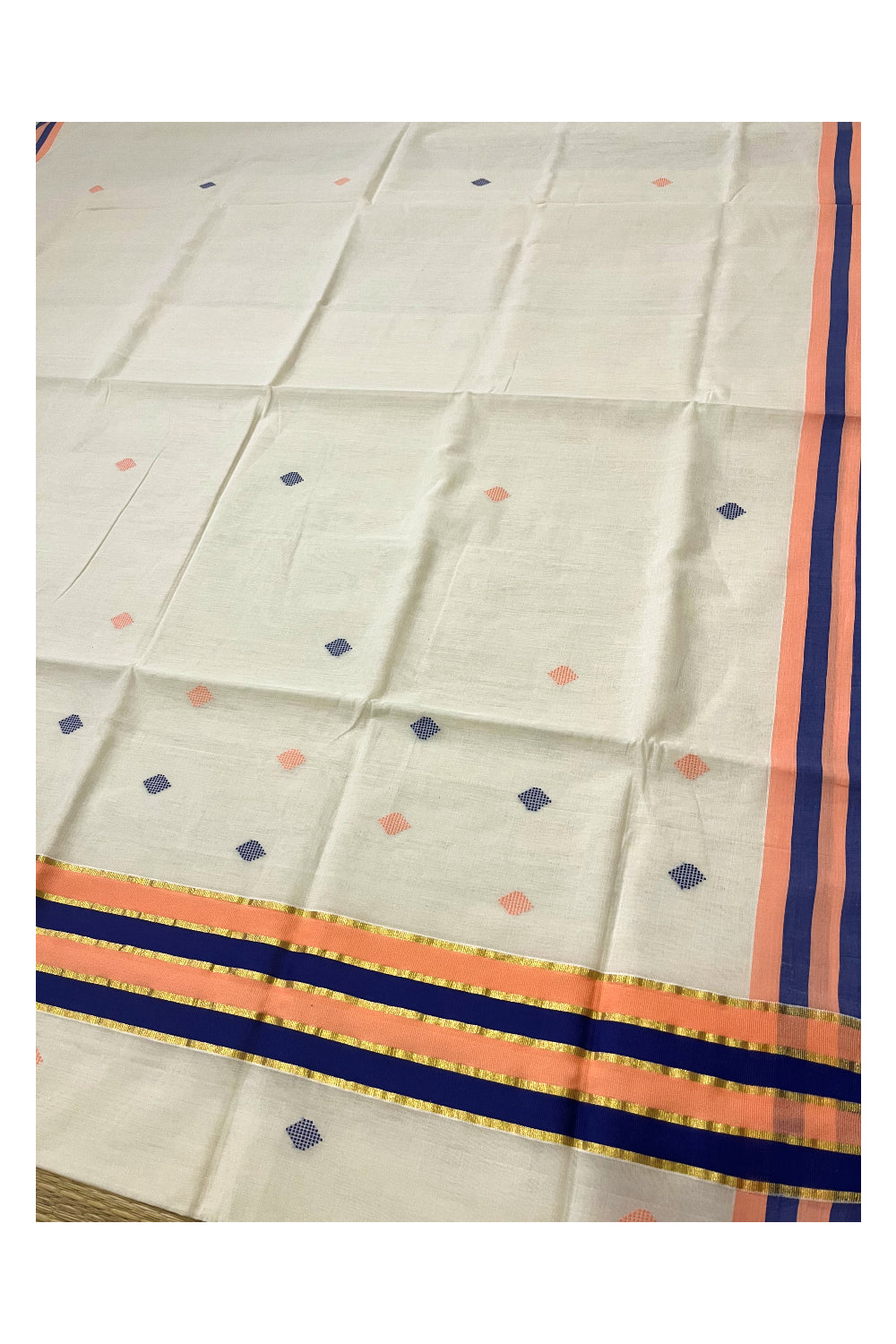 Southloom Premium Unakkupaavu Handloom Cotton Butta Work Saree with Kasavu and Blue Peach Border