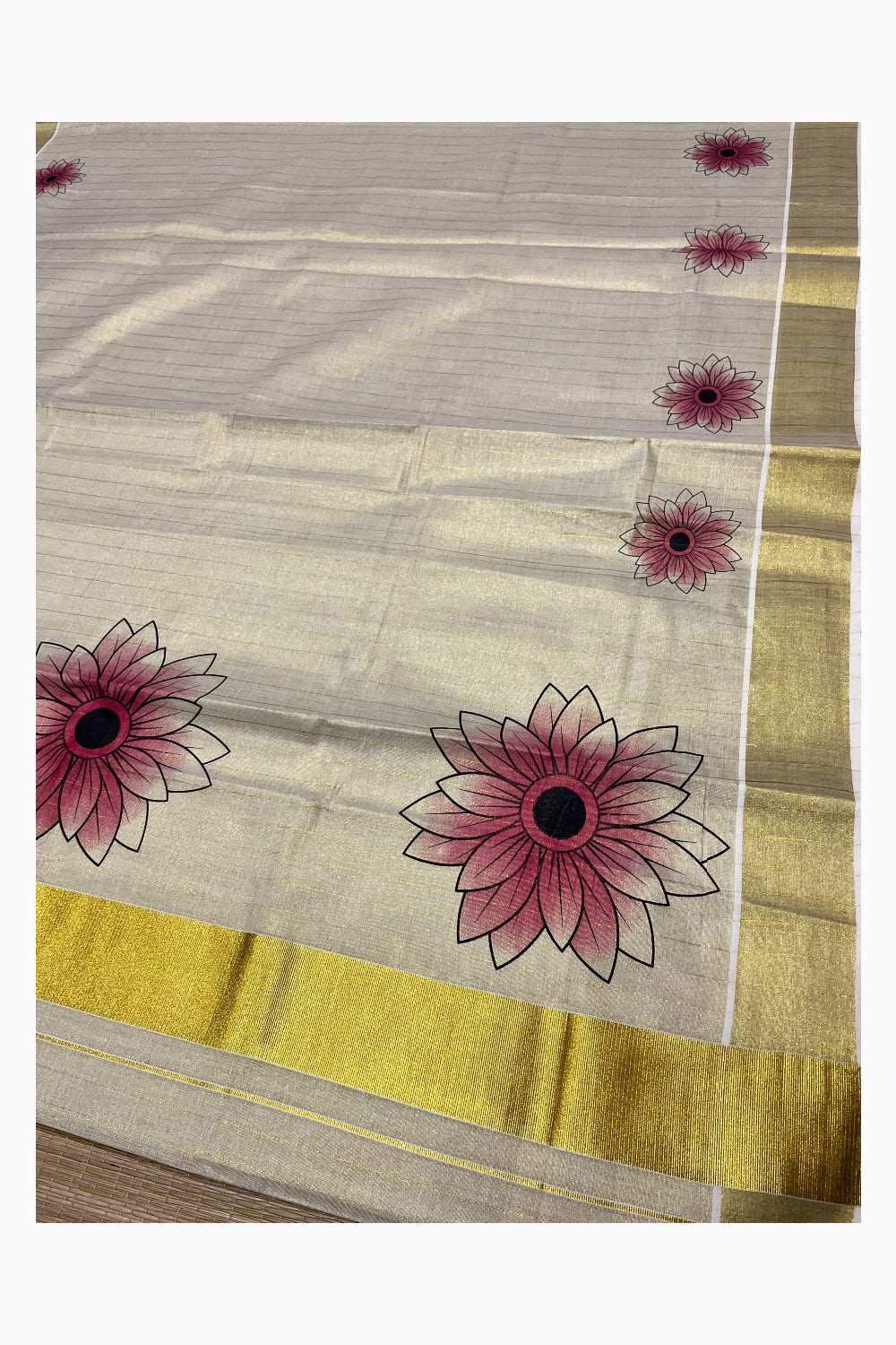 Kerala Tissue Kasavu Lines Design Saree with Red Floral Prints on Body (Vishu 2024 Collection)