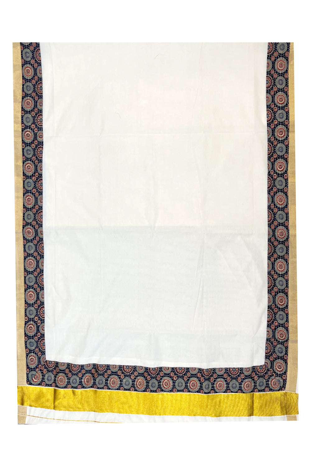 Kerala Pure Cotton Kasavu Saree with Ajrakh Stitched Borders and Matching Blouse Piece