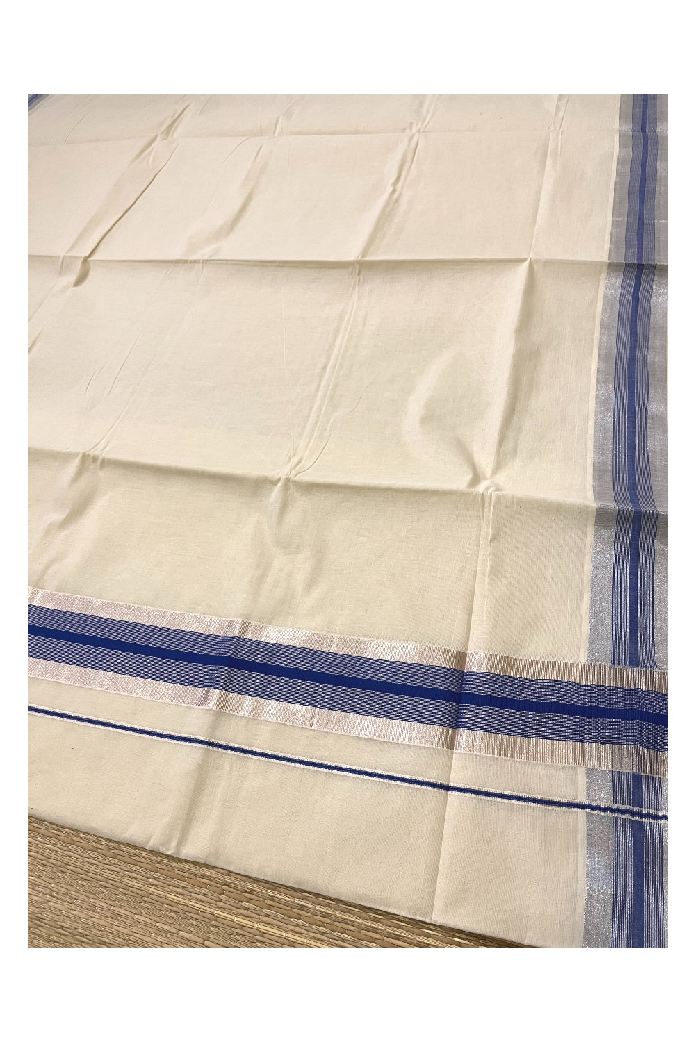 Pure Cotton Kerala Saree with Silver Kasavu and Blue Border (Onam 2023 Saree)