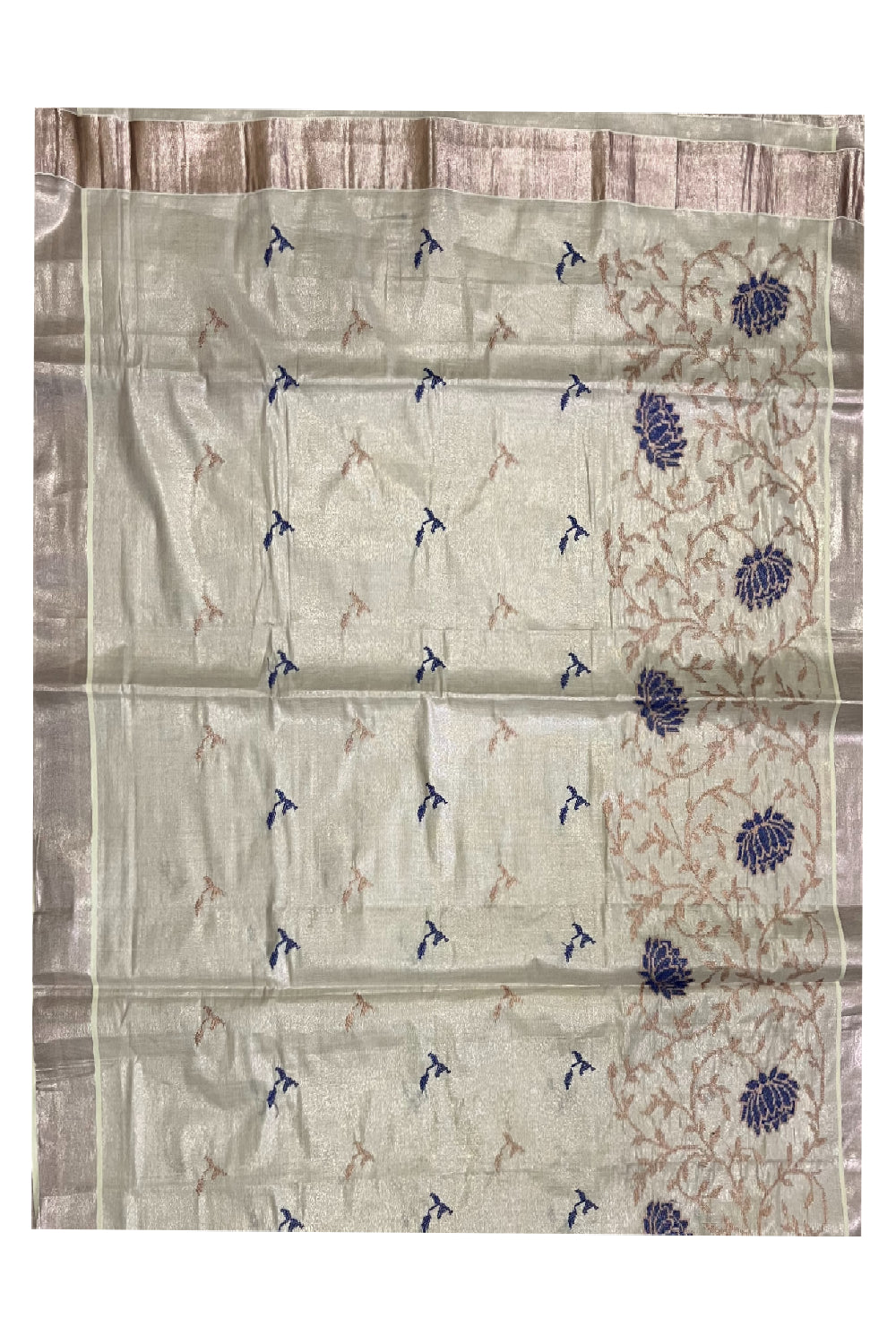 Kerala Rose Copper Tissue Kasavu Saree with Blue Embroidery Works on Body