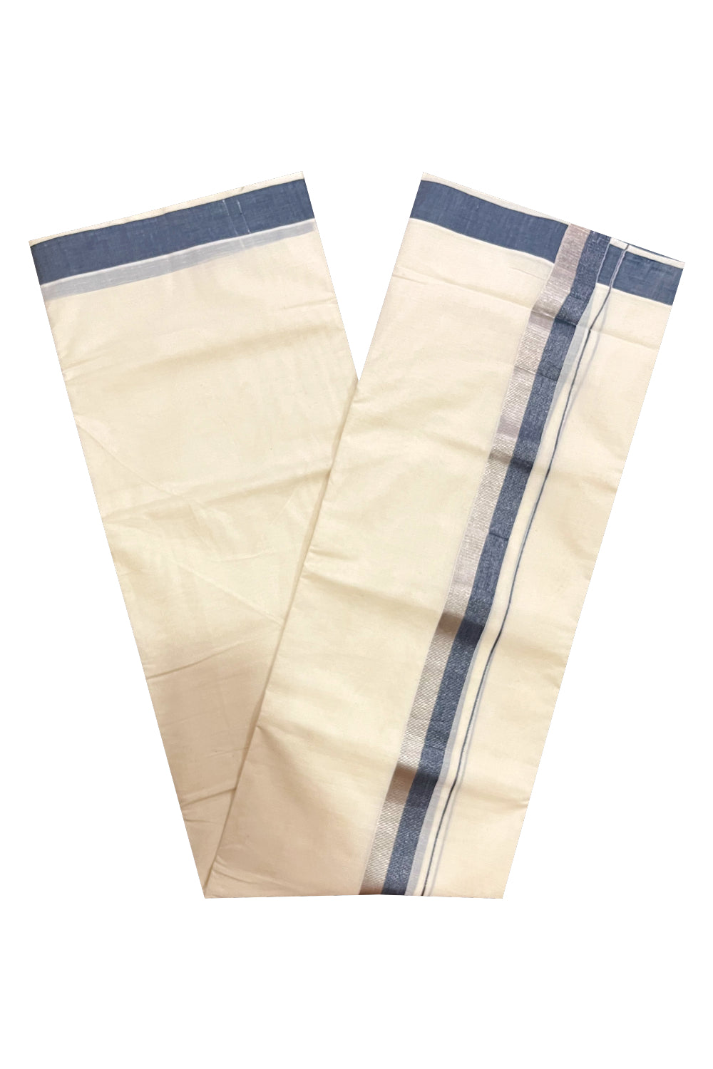 Kerala Cotton Double Mundu with Dark Blue and Silver Kasavu Border (Onam Mundu 2023)