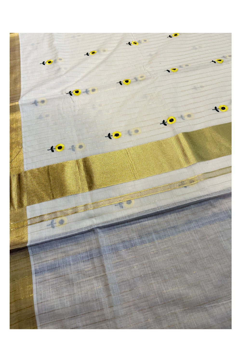 Kerala Cotton Kasavu Lines Saree with Yellow Floral Embroidery Works On Body