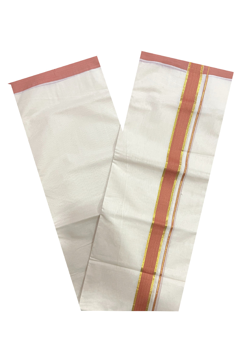 Pure Cotton 100x100 Double Mundu with Kasavu and Orange Kara (Onam Mundu 2023)