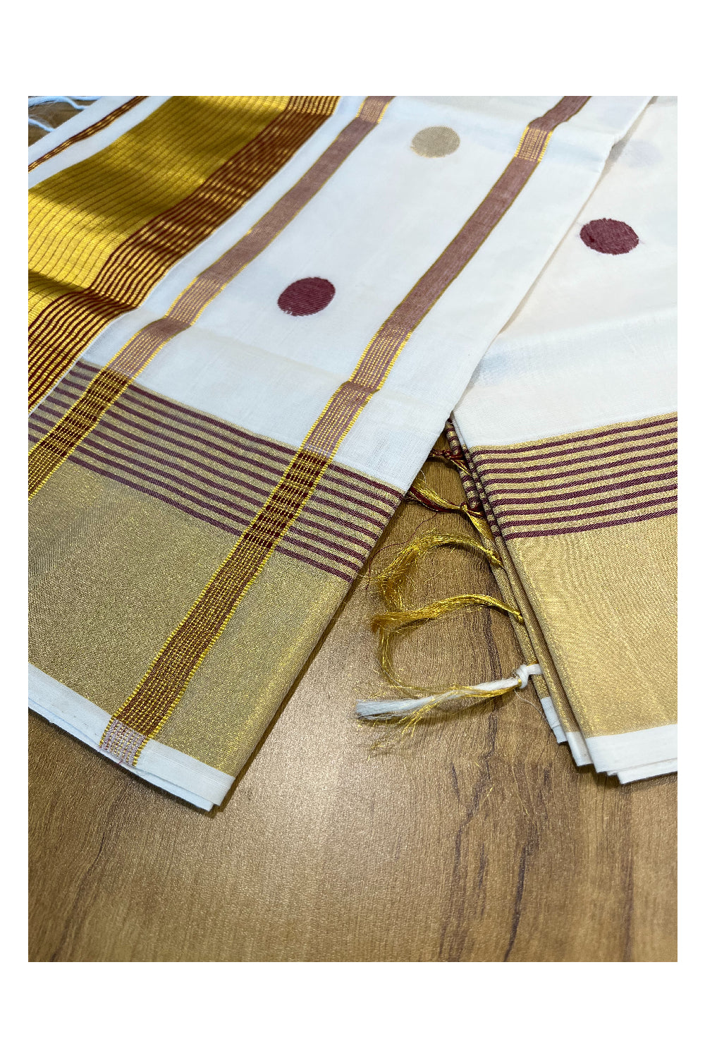 Southloom Premium Handloom Kasavu Saree with Maroon and Golden Polka Woven Designs Across Body