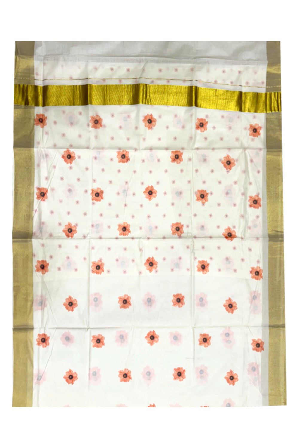 Southloom Exclusive Onam Kasavu Saree with Small Peach Floral High Quality Digital Print Across Body (Matching Printed Blouse Included)