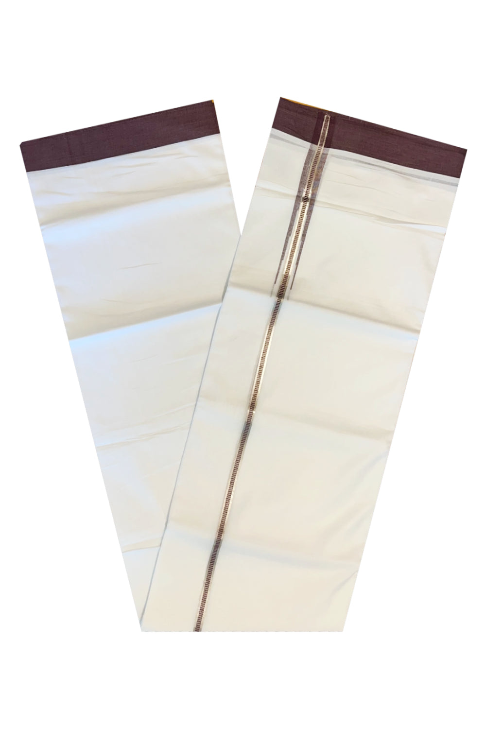 Pure White Cotton Double Mundu with Silver Brown Chutti Border (South Indian Kerala Dhoti)