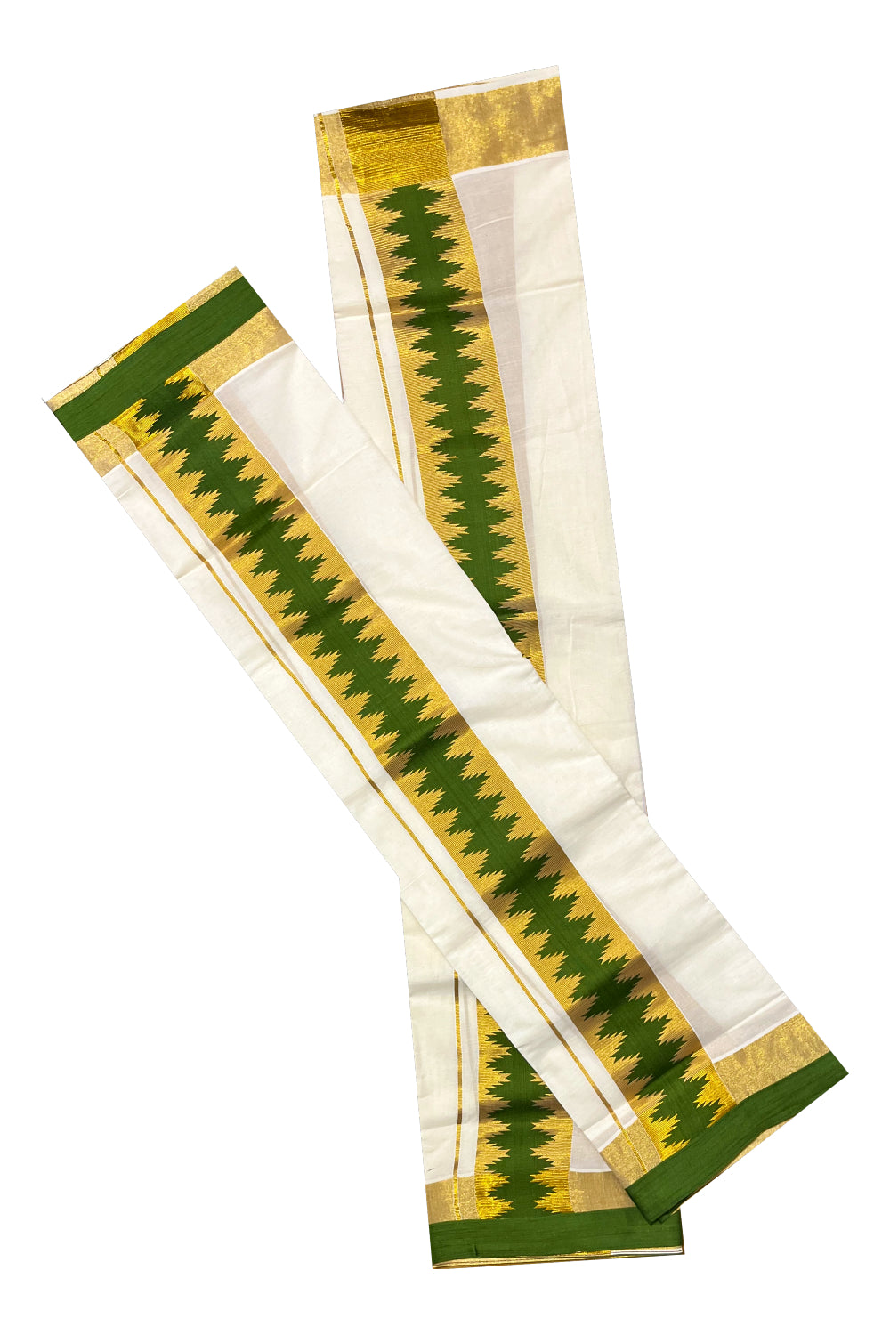 Kerala Cotton Single Set Mundu (Mundum Neriyathum) with Kasav Green Temple Applique Work Border 2.80Mtrs