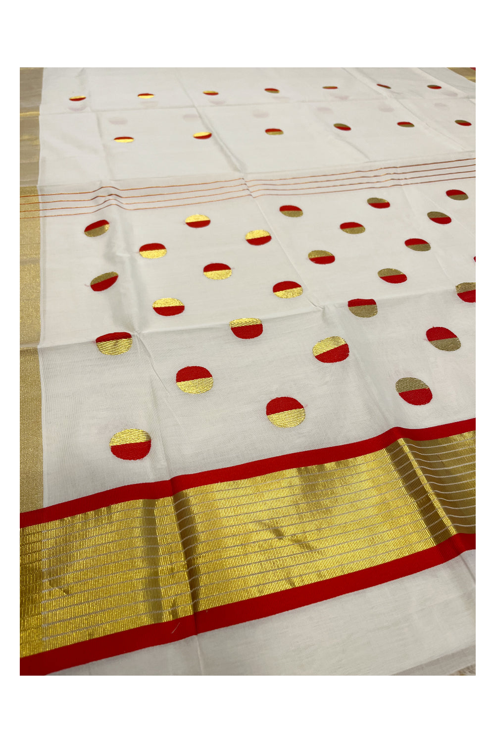 Southloom™ Premium Handloom Cotton Kerala Saree with Red Golden Polka works on Body