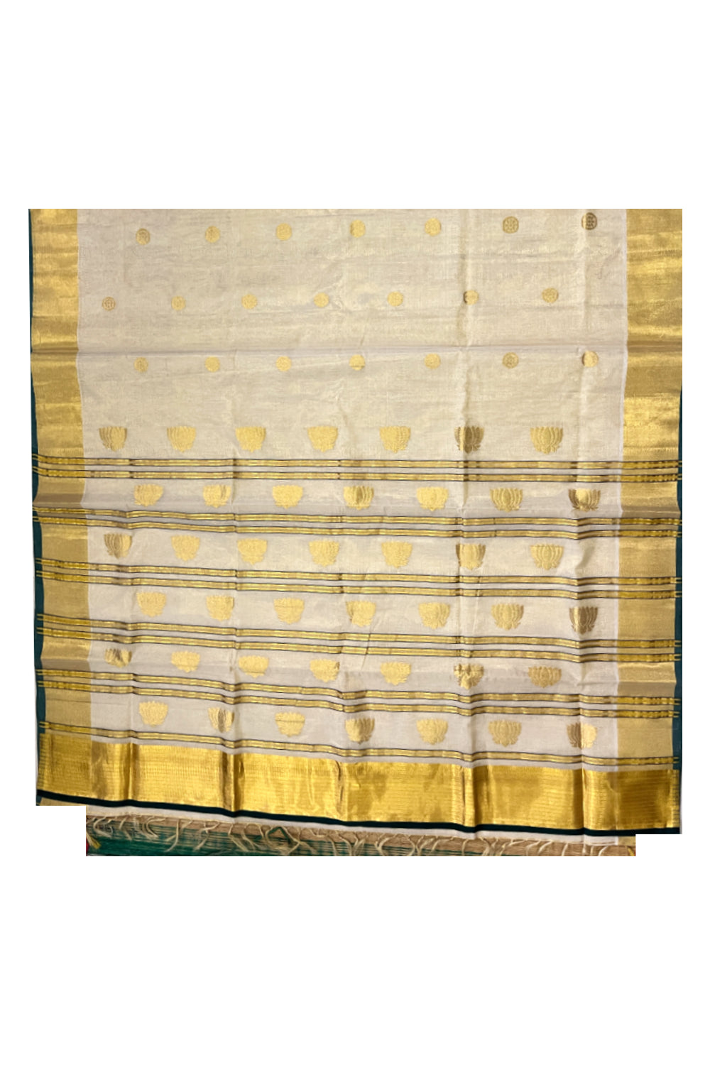Southloom Premium Handloom Tissue Saree with Golden Lotus Woven Works on Body