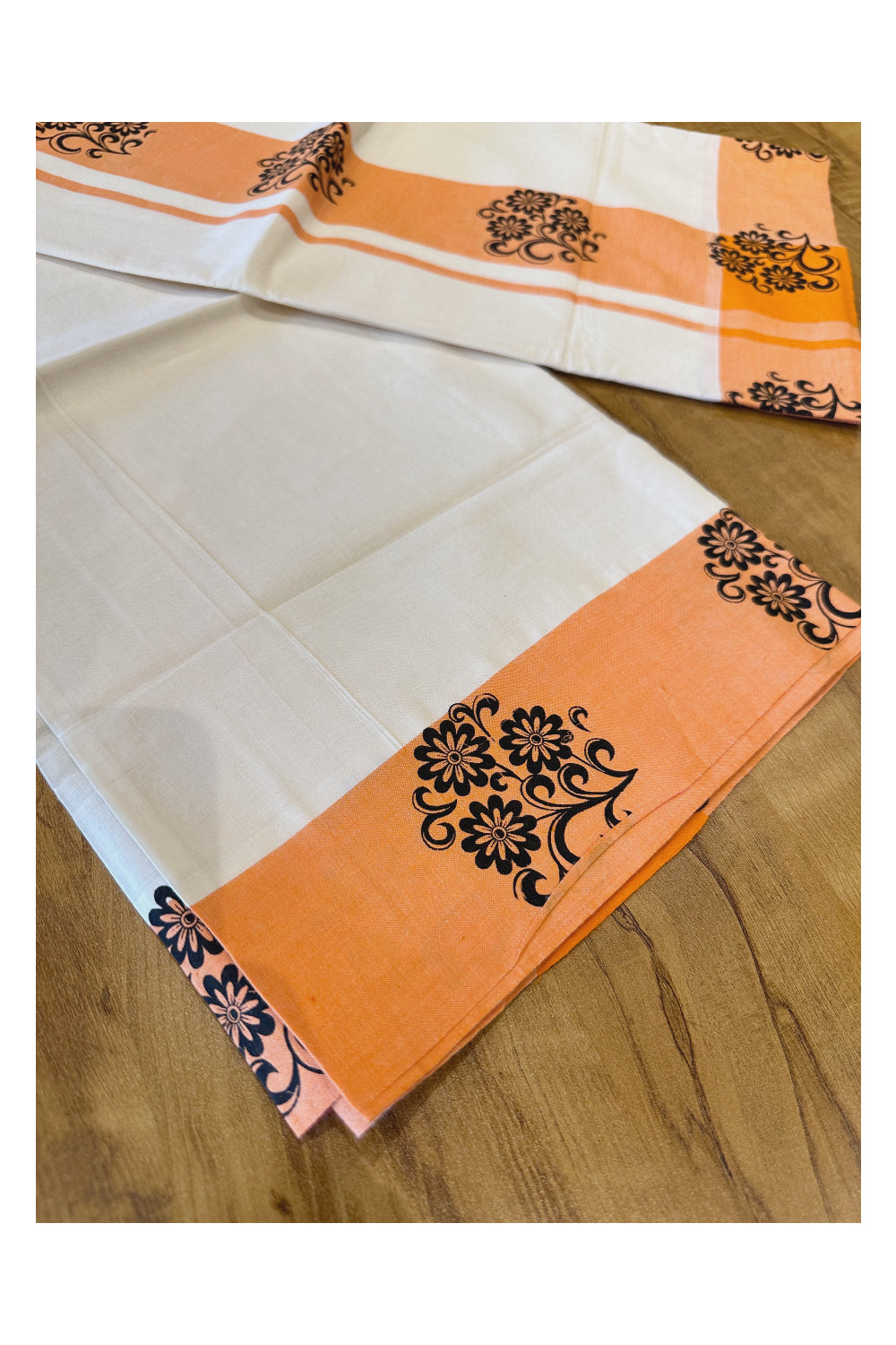Kerala Pure Cotton Set Mundu (Mundum Neriyathum) with Block Printed Orange Border