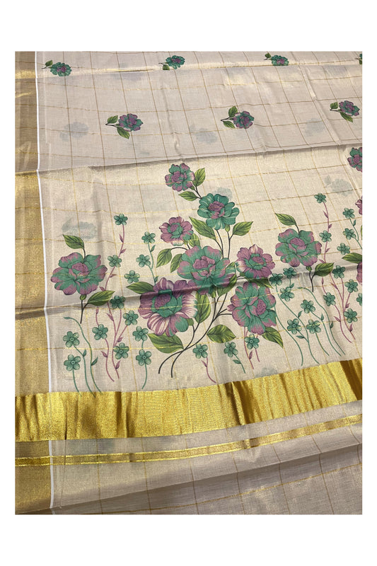 Kerala Tissue Kasavu Check Design Saree with Violet And Green Floral Prints on Body