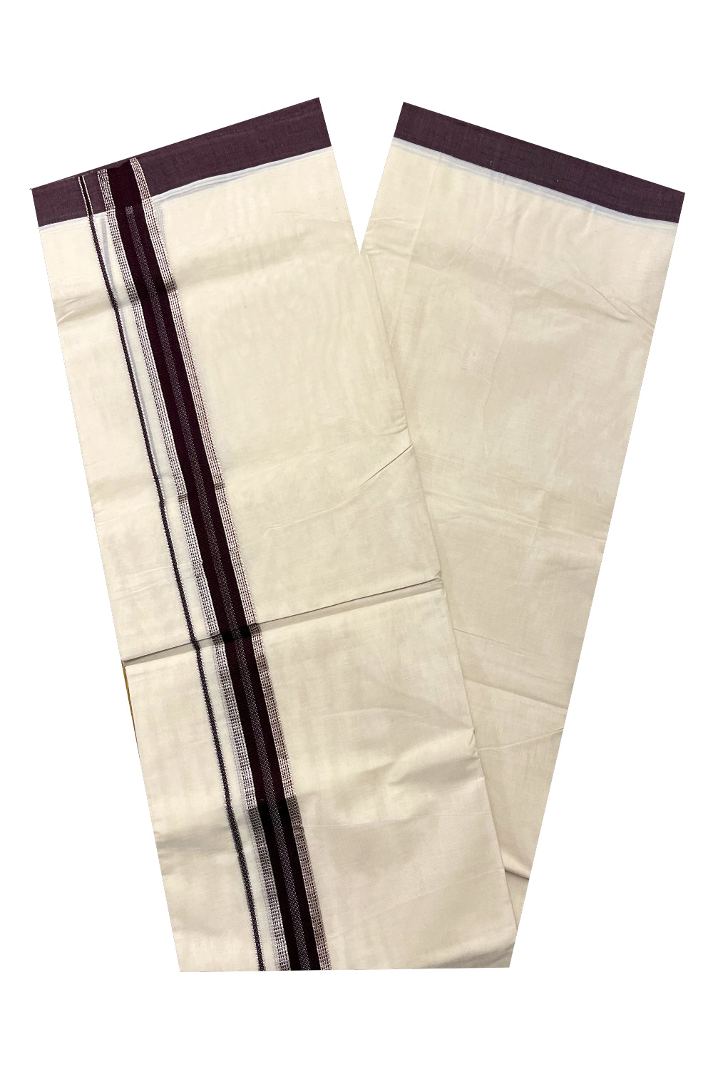 Pure Cotton Off White Double Mundu with Silver Kasavu and Violet Border (South Indian Kerala Dhoti)