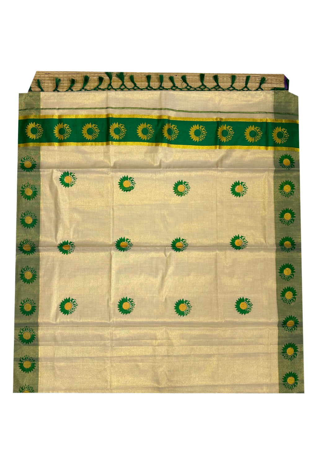 Kerala Tissue Kasavu Saree with Green and Golden Block Prints on Border (Onam Saree 2023)