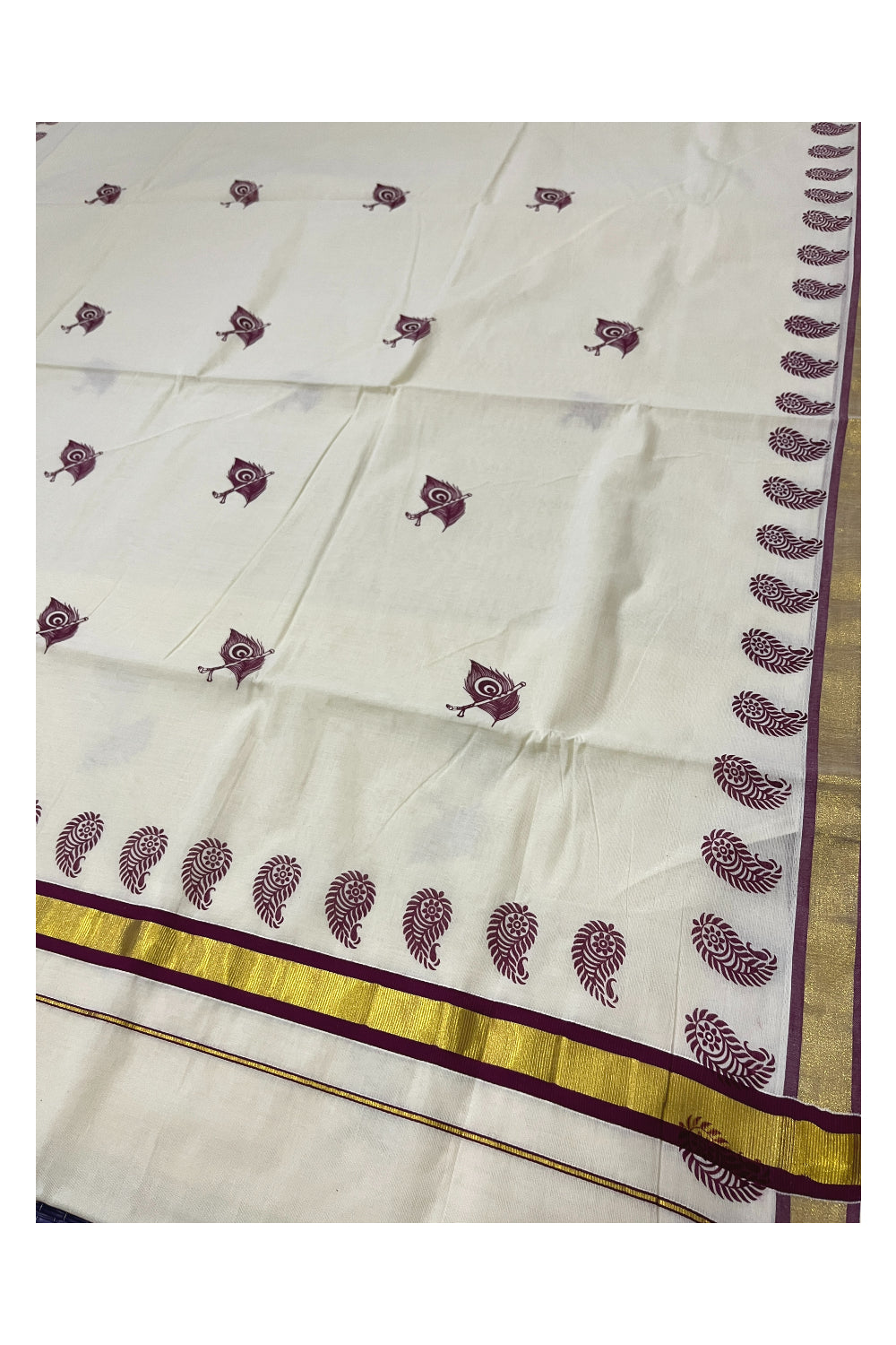 Pure Cotton Kerala Kasavu Saree with Purple Feather Block Printed Design