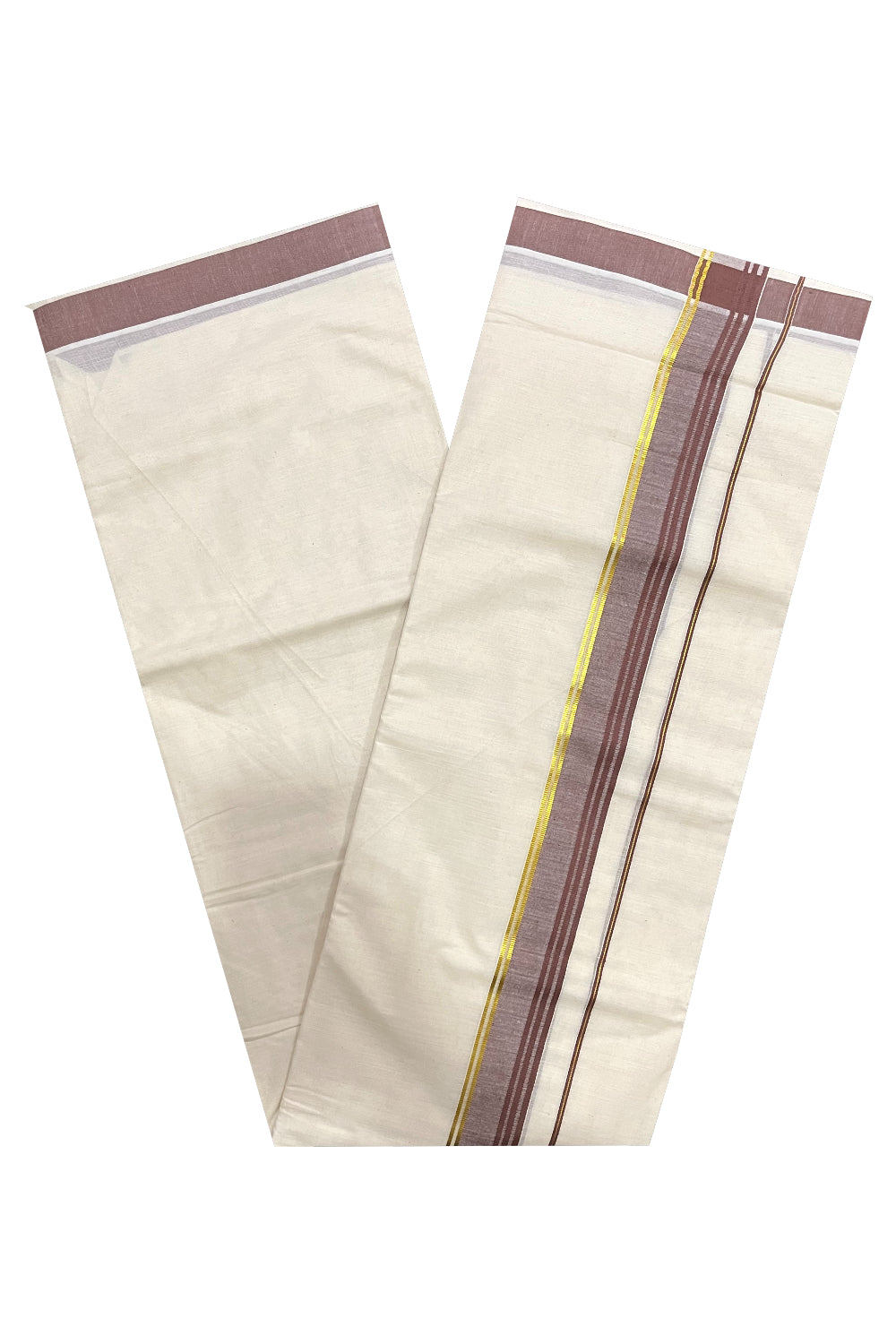 Pure Cotton Kerala Double Mundu with Brown and Kasavu Kara (South Indian Kerala Dhoti)