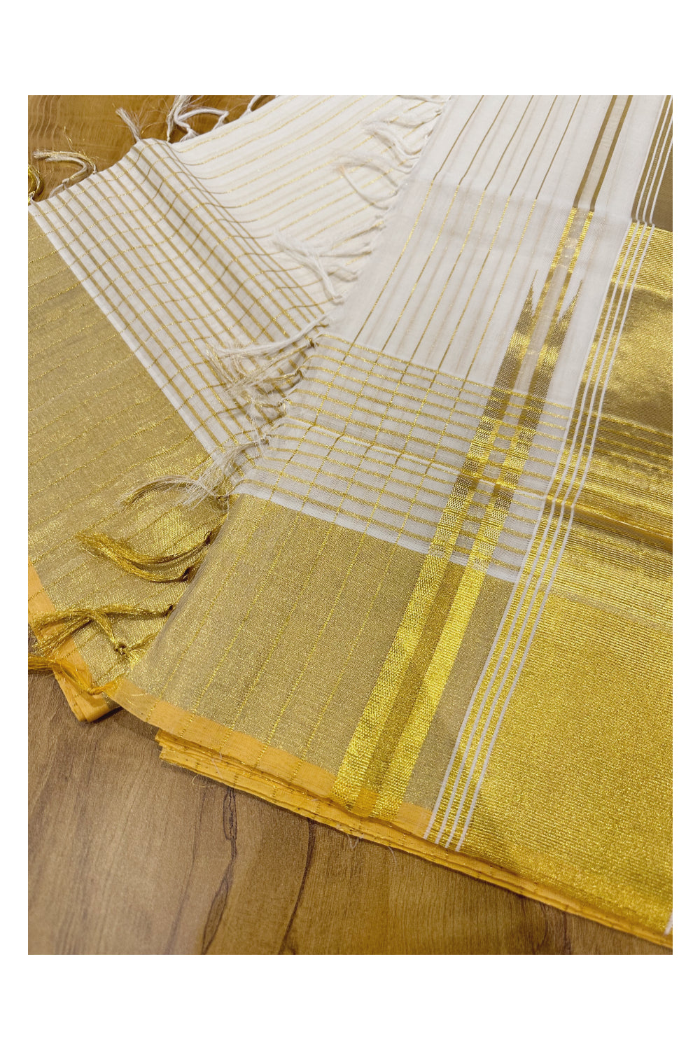 Southloom™ Handloom Kasavu Saree with Kasavu Lines Across Body