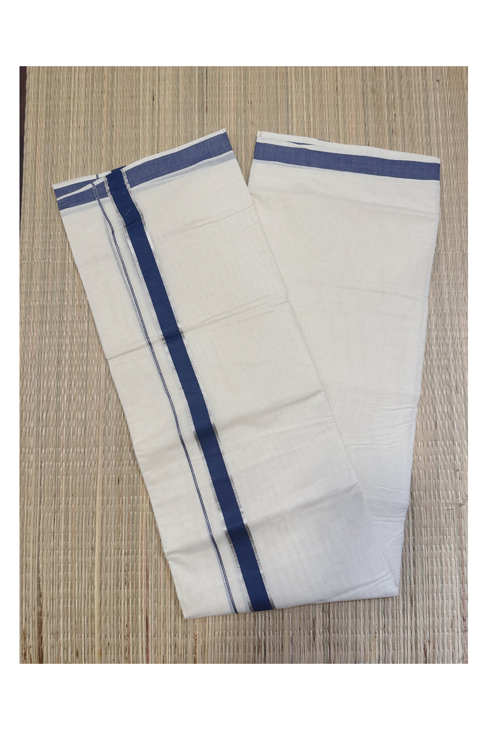 Off White Kerala Double Mundu with Silver Kasavu and Blue Kara (South Indian Kerala Dhoti)