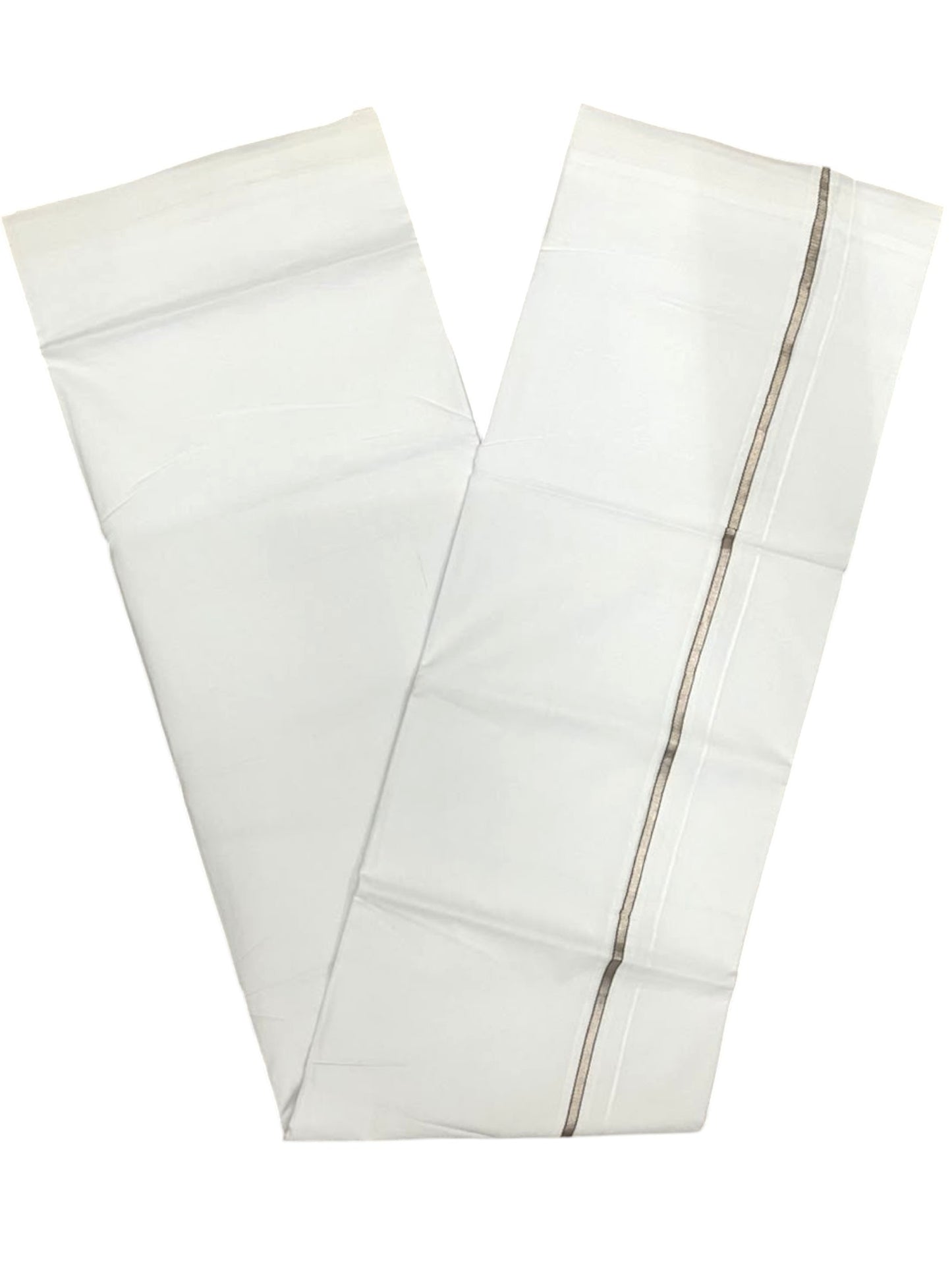 Southloom Pure White Cotton Double Mundu with Silver and Olive Green Chutti Kara (South Indian Dhoti)