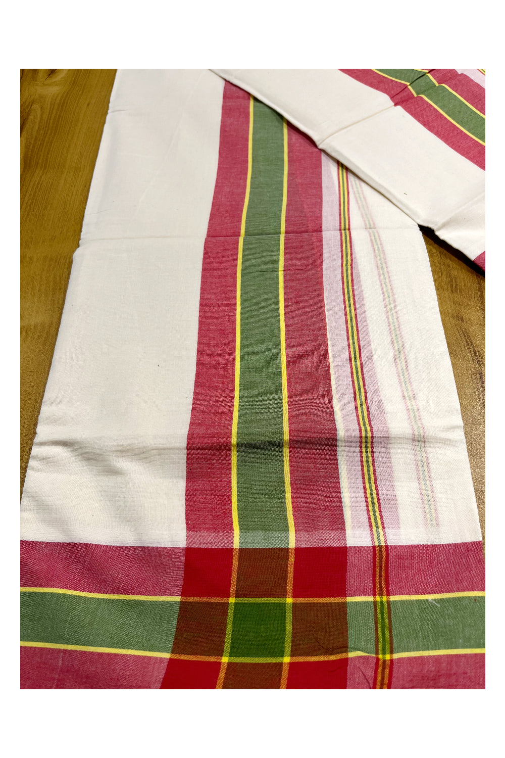 Pure Cotton Mundum Neriyathum Double (Set Mundu) with Green and Pink Border