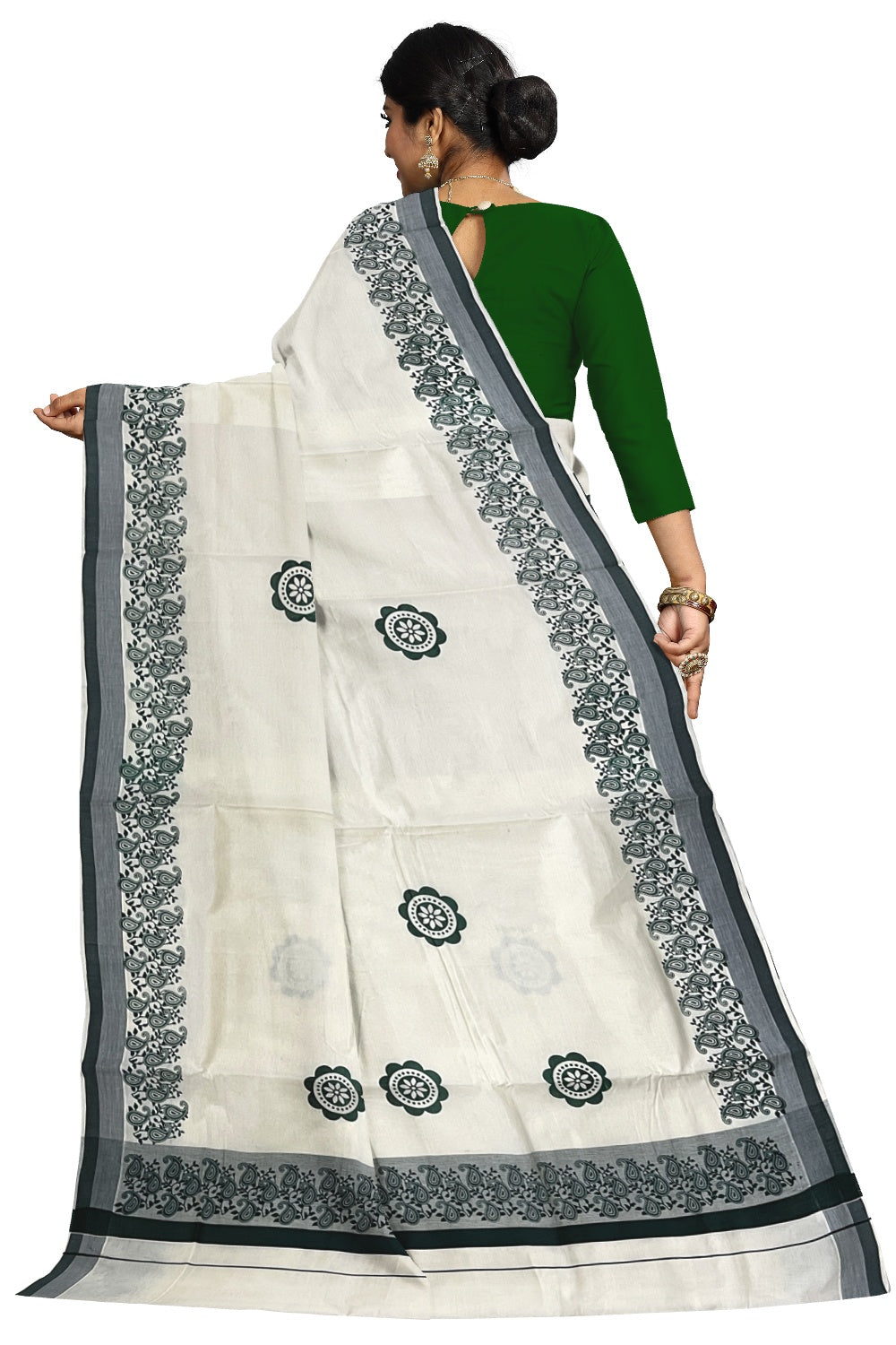 Pure Cotton Off White Kerala Saree with Green Paisley Block Prints on Border