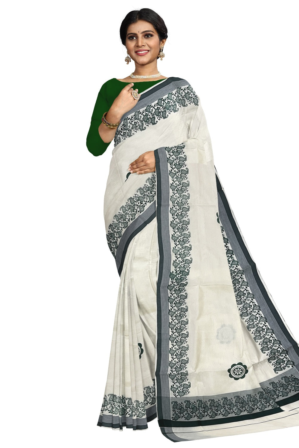 Pure Cotton Off White Kerala Saree with Black Paisley Block Prints on Border