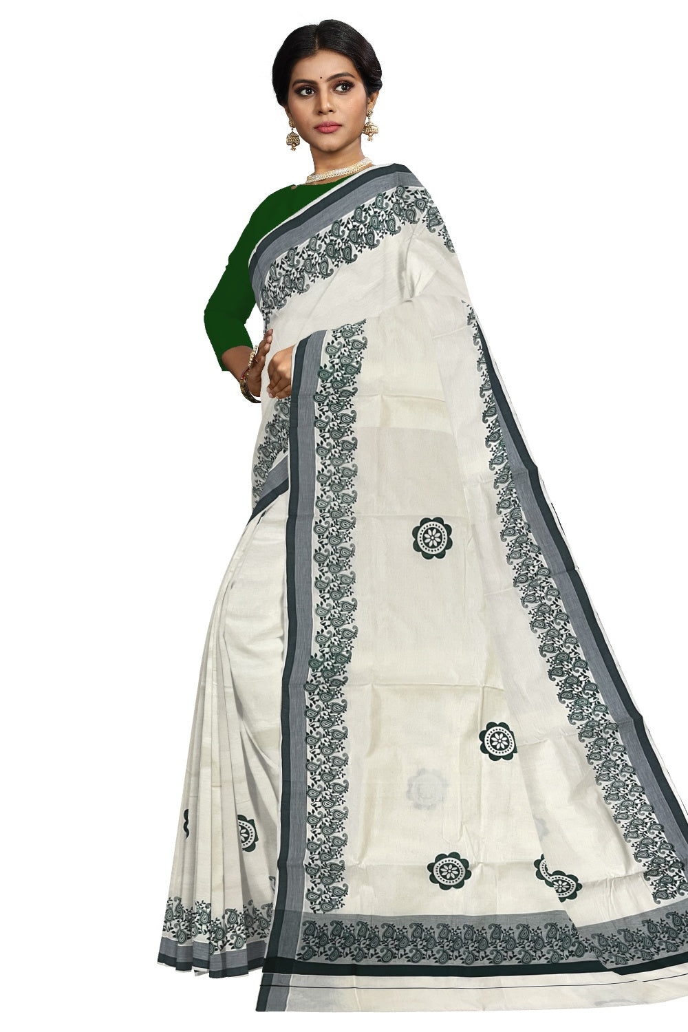 Pure Cotton Off White Kerala Saree with Green Paisley Block Prints on Border