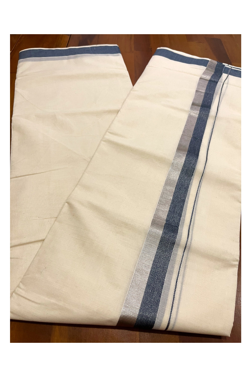 Kerala Cotton Double Mundu with Dark Blue and Silver Kasavu Border (Onam Mundu 2023)