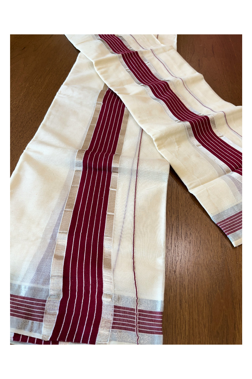 Cotton Mundum Neriyathum Double (Set Mundu) with Maroon and Silver Kasavu Border