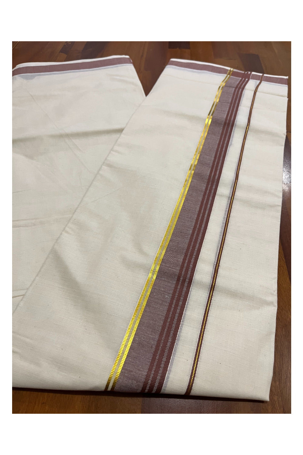 Pure Cotton Kerala Double Mundu with Brown and Kasavu Kara (South Indian Kerala Dhoti)