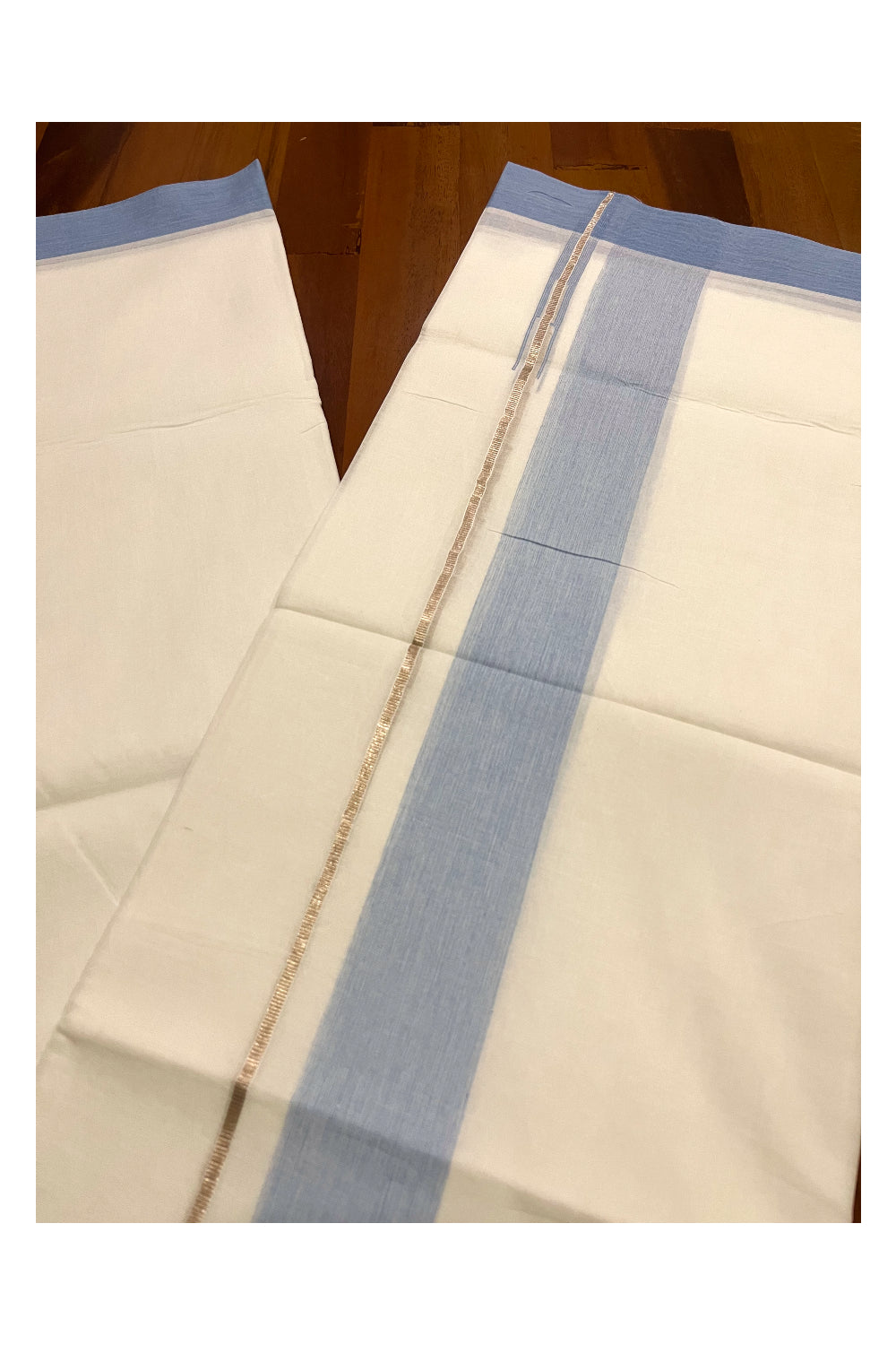 Pure White Cotton Double Mundu with Silver Kasavu and Light Blue Chutti Border (South Indian Kerala Dhoti)