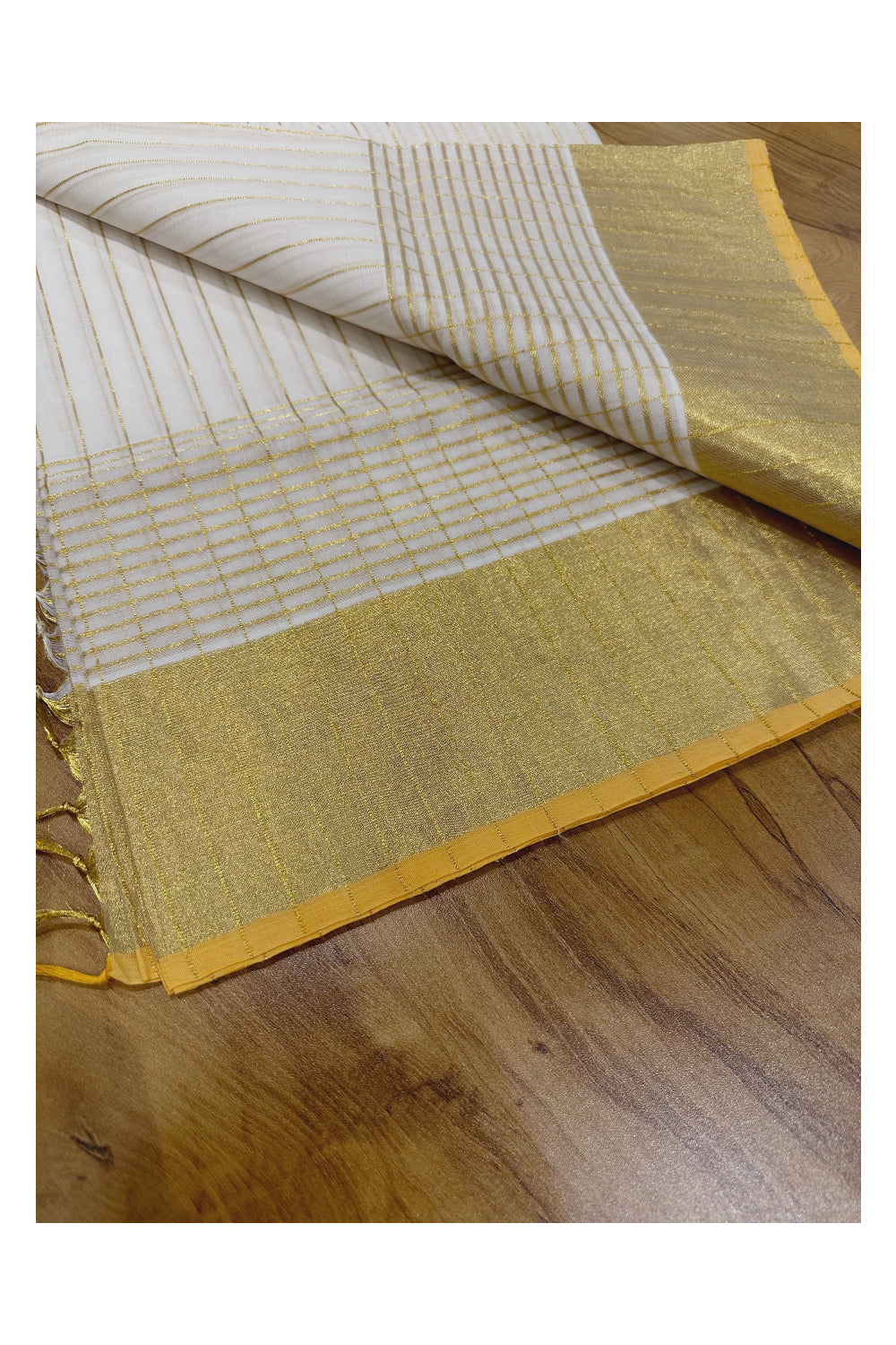 Southloom™ Handloom Kasavu Saree with Kasavu Lines Across Body