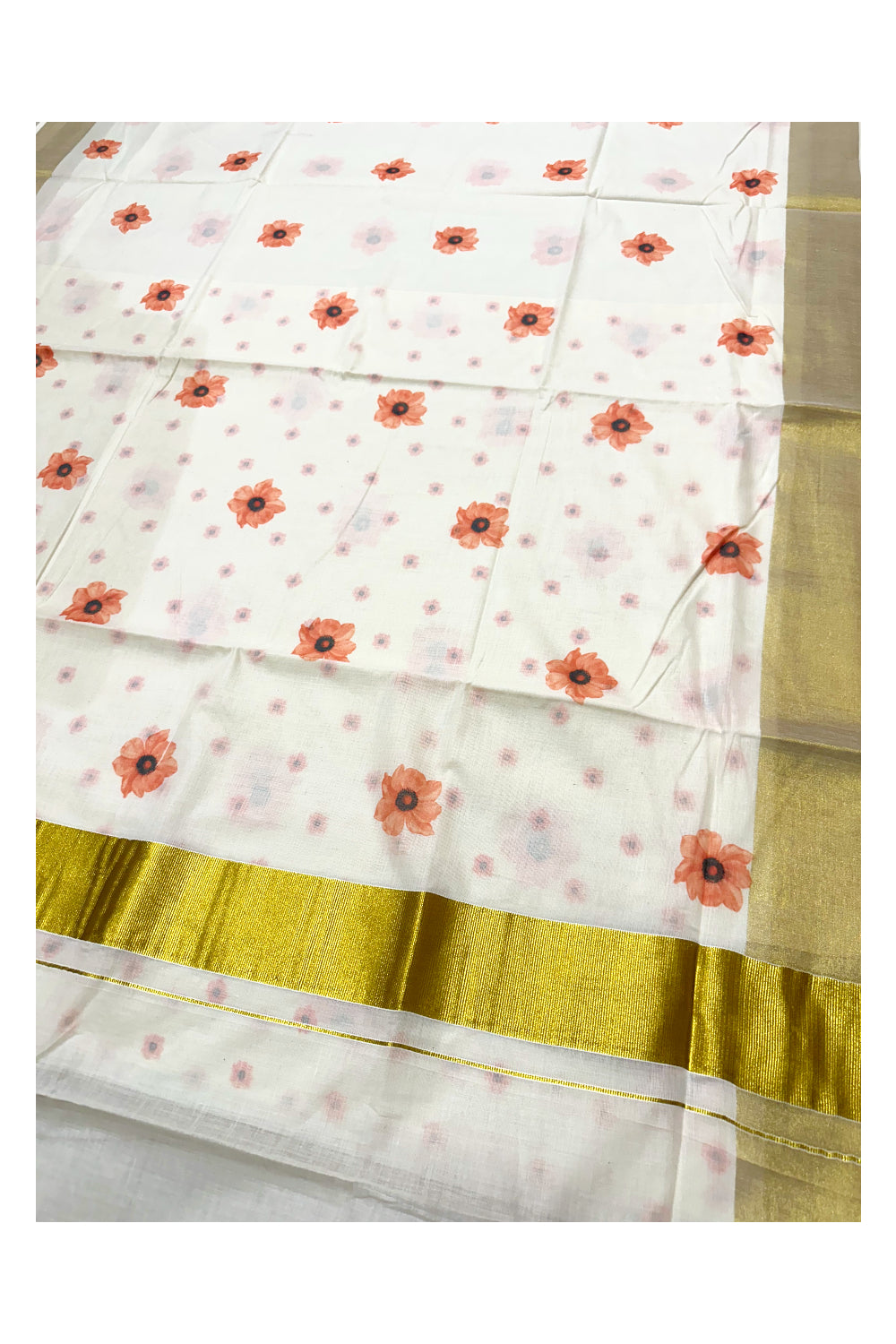 Southloom Exclusive Onam Kasavu Saree with Small Peach Floral High Quality Digital Print Across Body (Matching Printed Blouse Included)