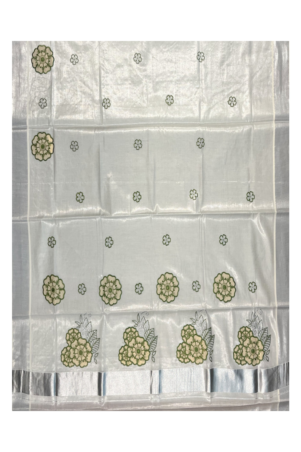 Southloom Kerala Siver Tissue Saree with Green Flower Embroidery Work