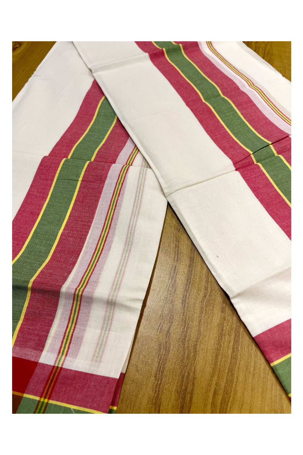 Pure Cotton Mundum Neriyathum Double (Set Mundu) with Green and Pink Border